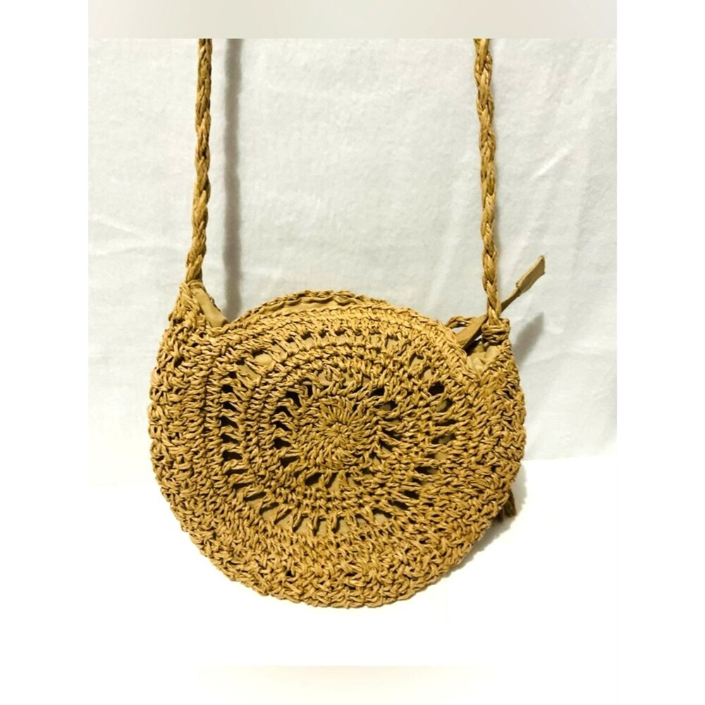 Boho Round Woven Straw Crossbody Bag - Natural Raffia Circle Purse Tassel